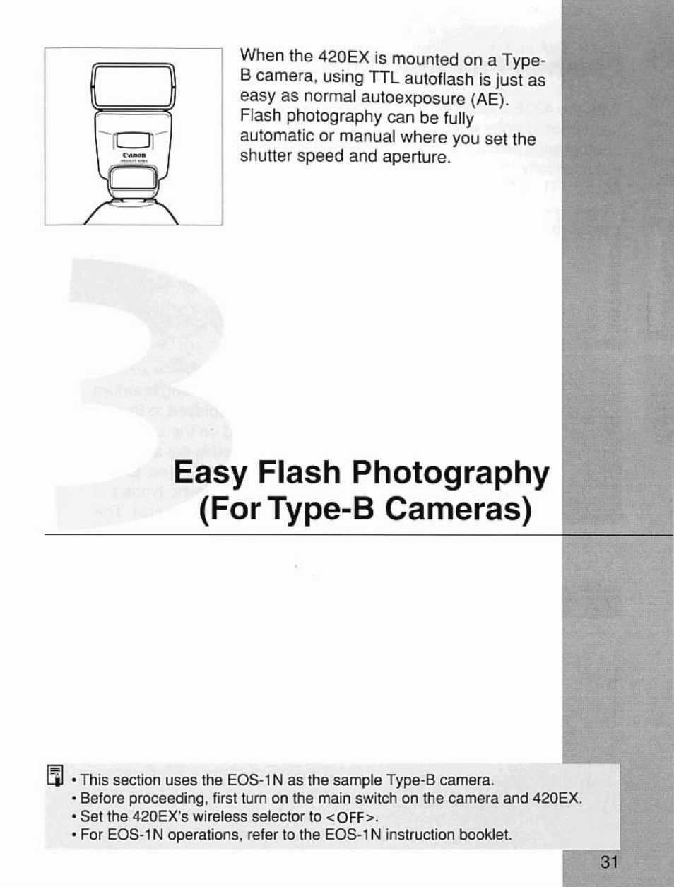 Easy flash photography (fortype-b cameras) | Canon Speedlite 420EX User Manual | Page 31 / 56