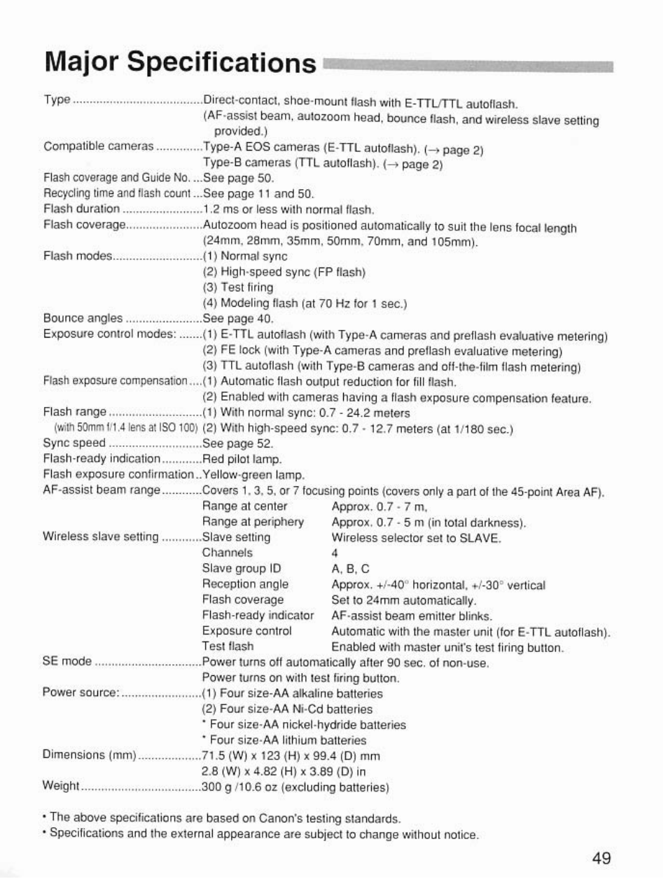 Major specifications | Canon Speedlite 420EX User Manual | Page 49 / 56