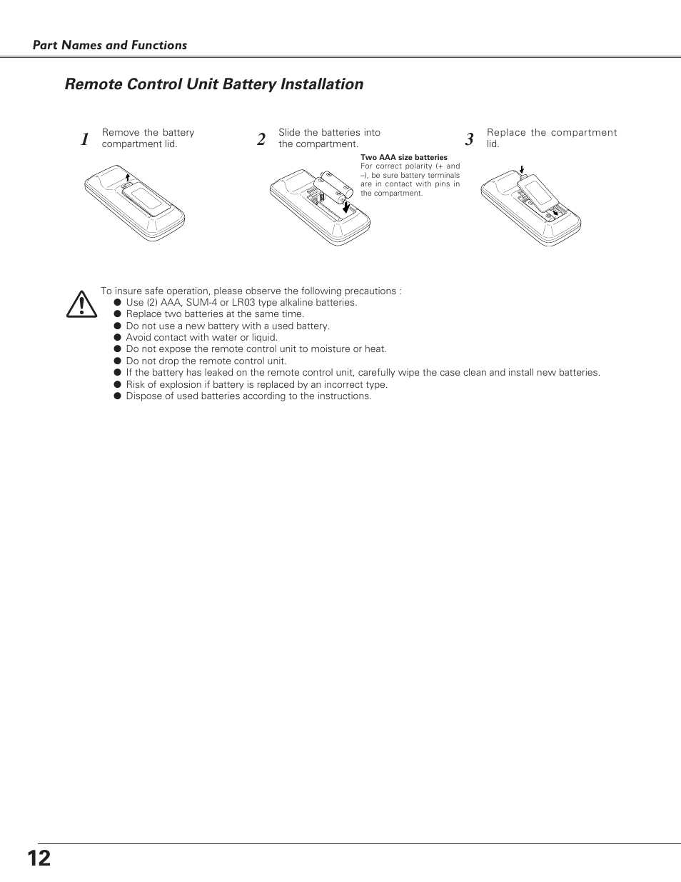 Remote control unit battery, Remote control unit battery installation | Canon LV-S4 User Manual | Page 12 / 60