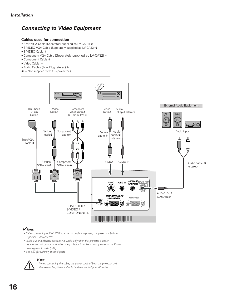 Connecting to video equipment, Installation | Canon LV-S4 User Manual | Page 16 / 60