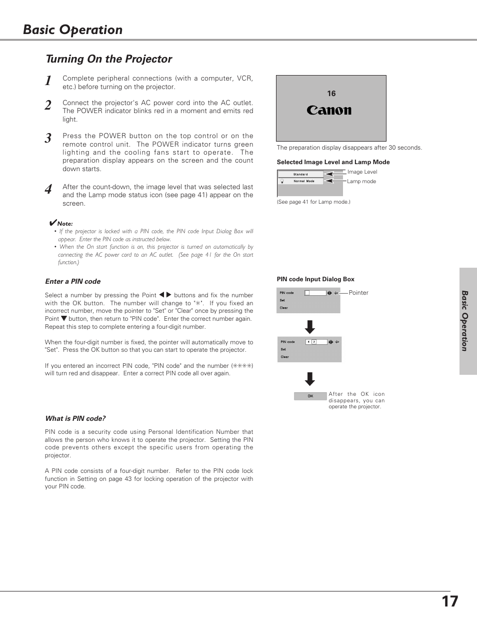 Basic operation, Turning on the projector | Canon LV-S4 User Manual | Page 17 / 60