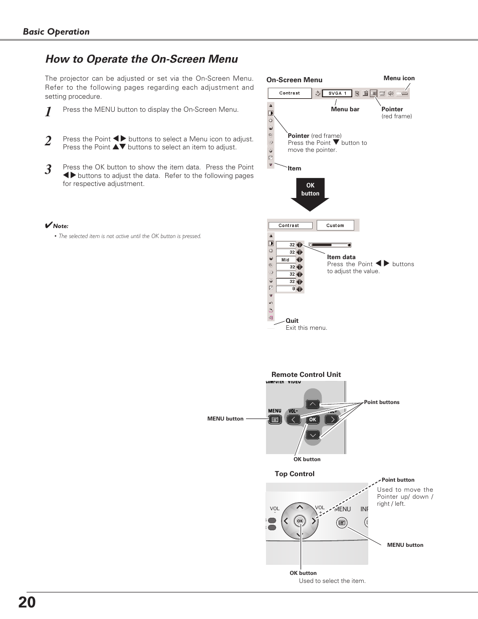 How to operate the on-screen, How to operate the on-screen menu, Basic operation | Canon LV-S4 User Manual | Page 20 / 60