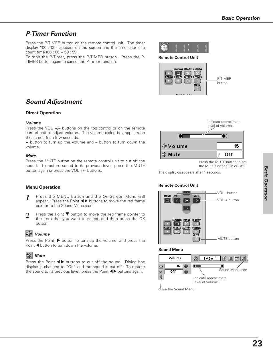 P-timer function, Sound adjustment, Basic operation | Basic oper ation | Canon LV-S4 User Manual | Page 23 / 60