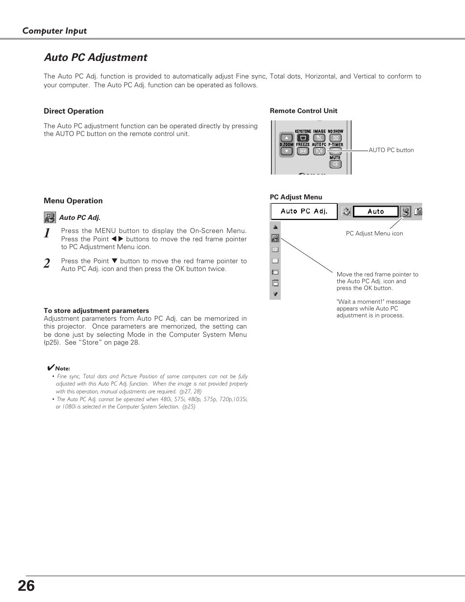 Auto pc adjustment, Computer input | Canon LV-S4 User Manual | Page 26 / 60