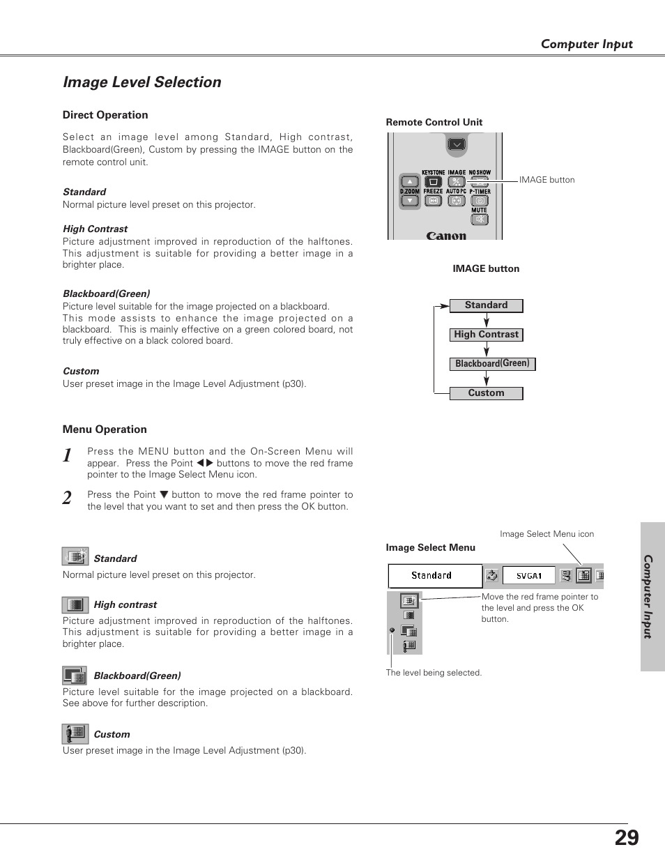 Image level selection, Computer input | Canon LV-S4 User Manual | Page 29 / 60