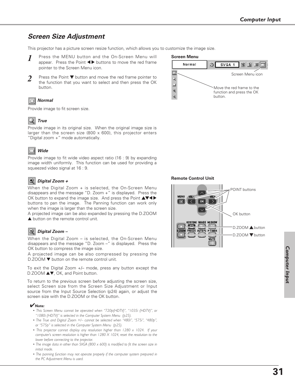 Screen size adjustment, Computer input | Canon LV-S4 User Manual | Page 31 / 60