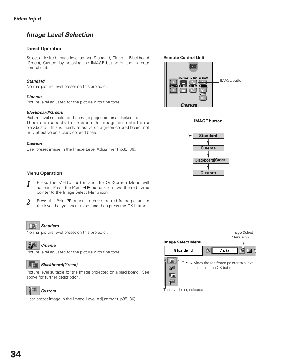 Image level selection, Video input | Canon LV-S4 User Manual | Page 34 / 60