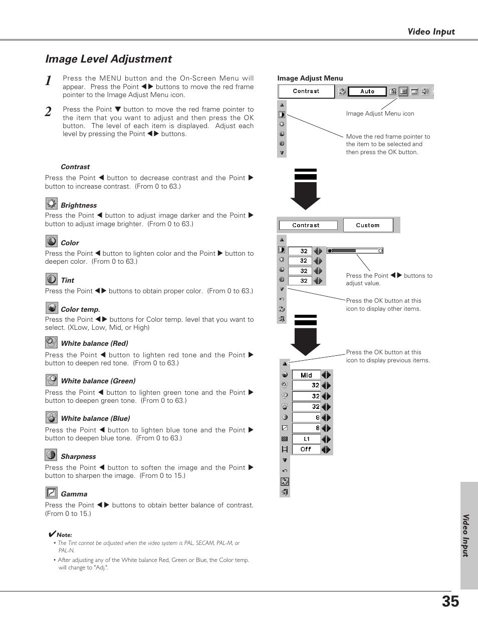 Image level adjustment, Video input | Canon LV-S4 User Manual | Page 35 / 60