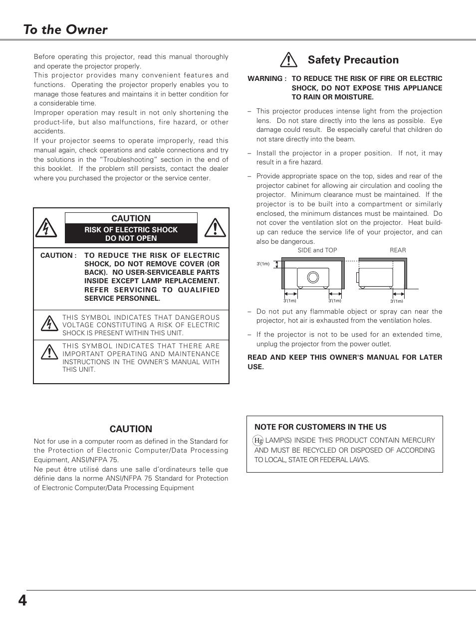 To the owner, Safety precaution | Canon LV-S4 User Manual | Page 4 / 60