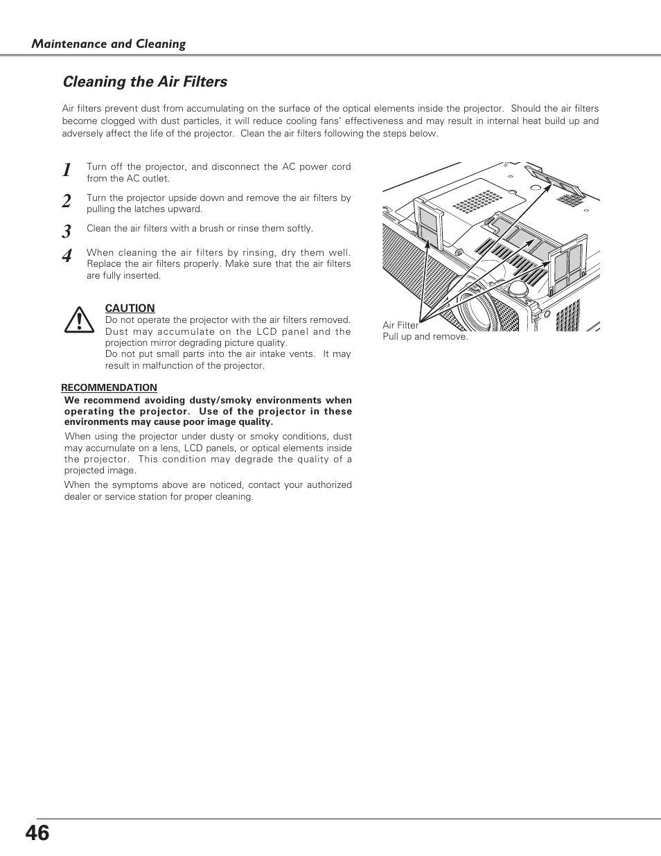 Cleaning the air filters | Canon LV-S4 User Manual | Page 46 / 60