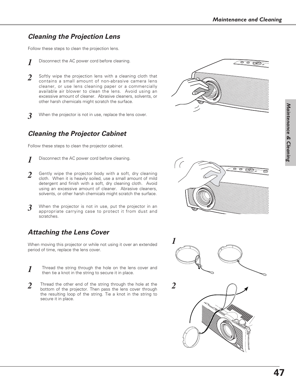 Cleaning the projection lens, Cleaning the projector cabinet, Attaching the lens cover | Canon LV-S4 User Manual | Page 47 / 60