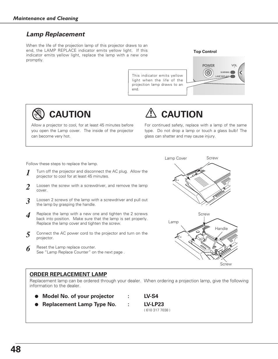 Lamp replacement, Caution | Canon LV-S4 User Manual | Page 48 / 60
