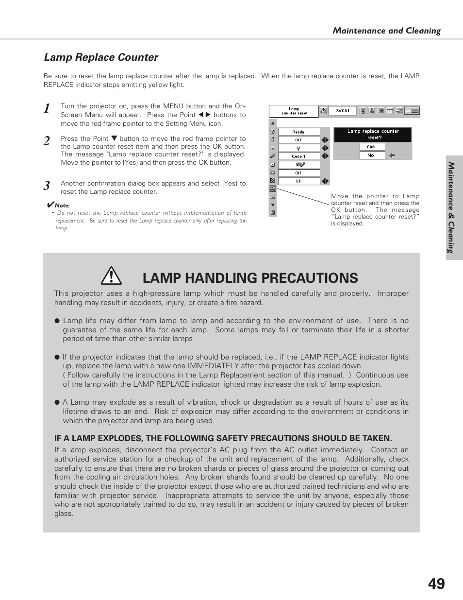 Lamp replace counter, Lamp handling precautions | Canon LV-S4 User Manual | Page 49 / 60