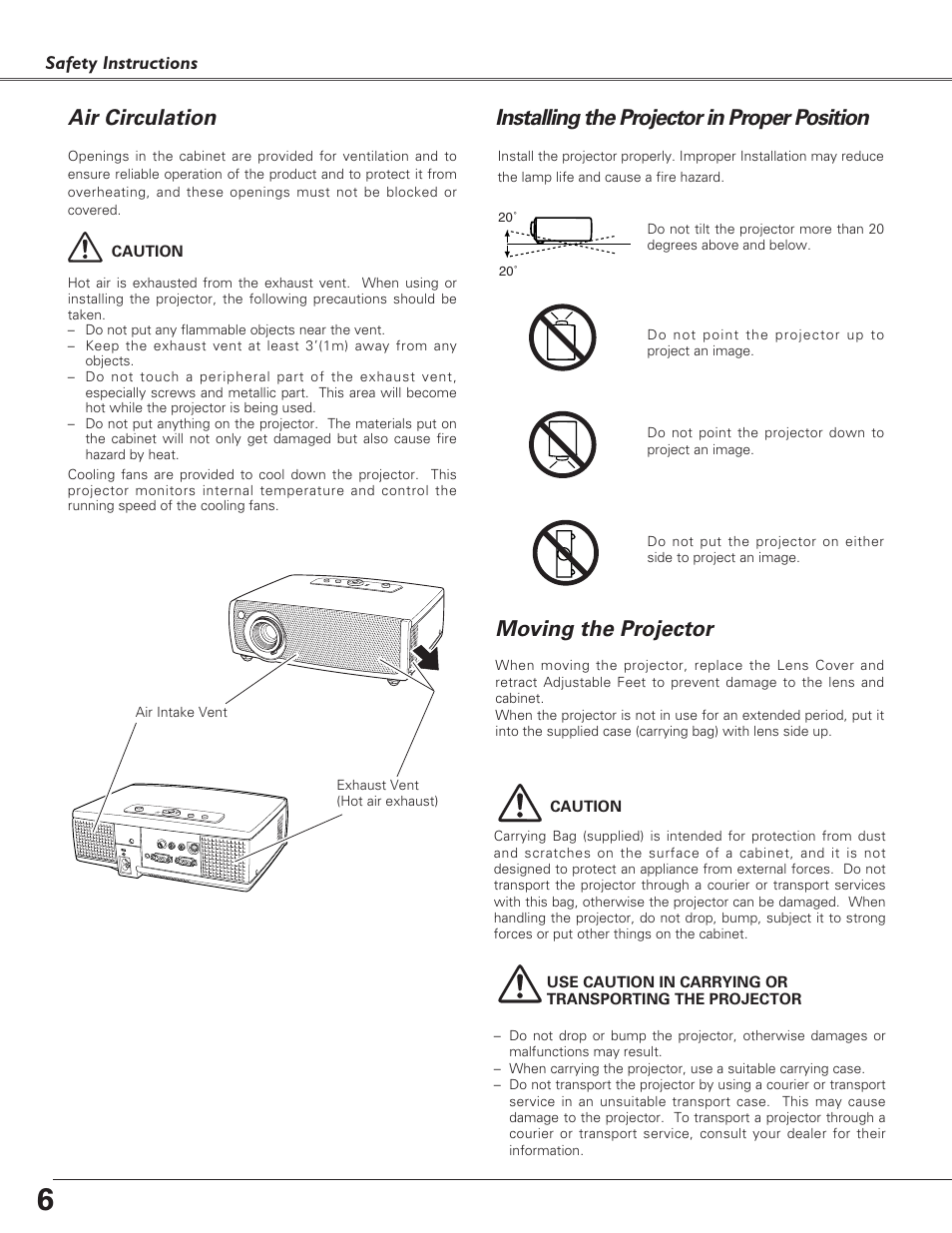 Air circulation, Installing the projector in, Moving the projector | Installing the projector in proper position | Canon LV-S4 User Manual | Page 6 / 60