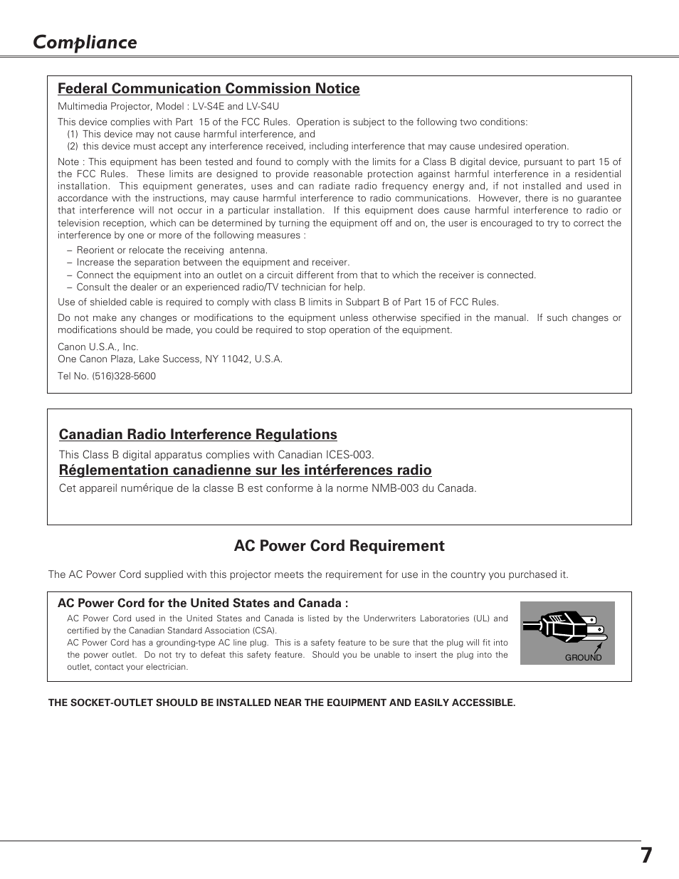 Compliance, Ac power cord requirement, Federal communication commission notice | Canadian radio interference regulations | Canon LV-S4 User Manual | Page 7 / 60