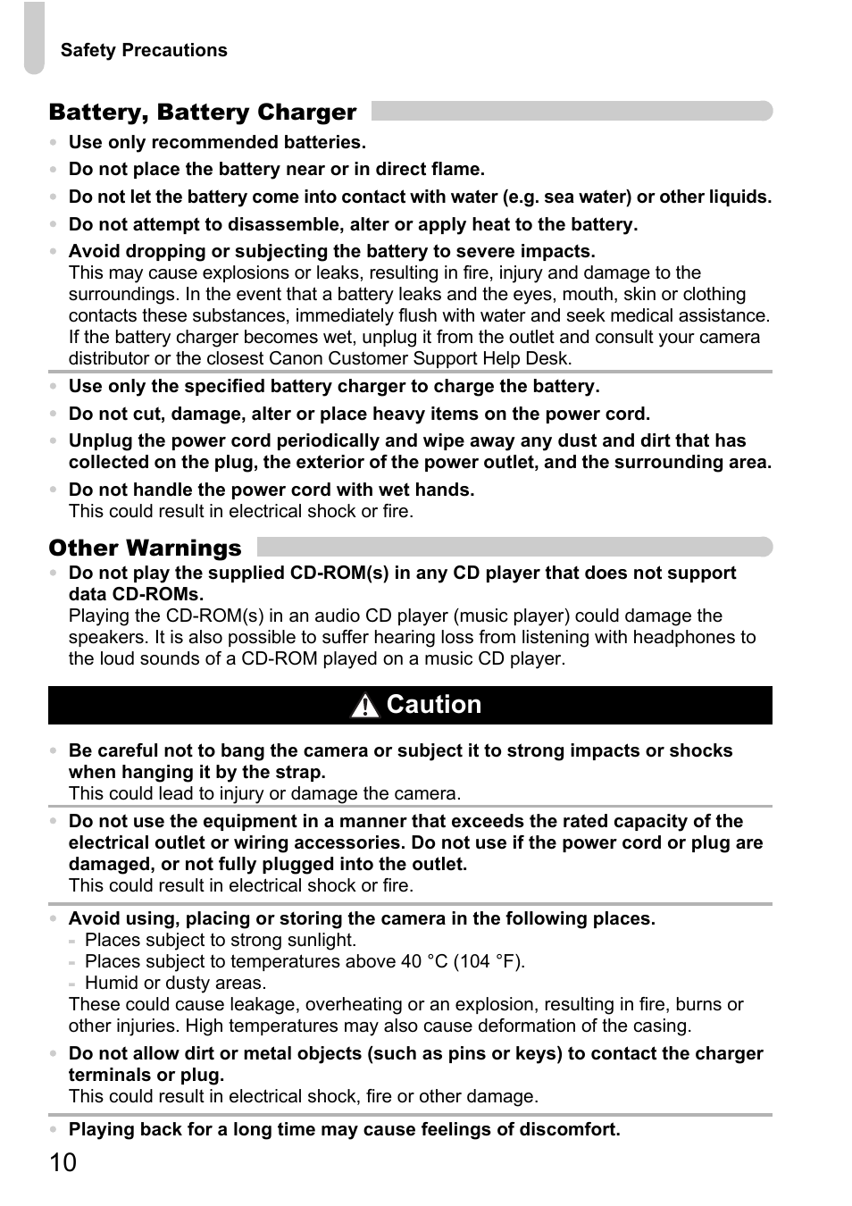Caution | Canon D10 User Manual | Page 10 / 163
