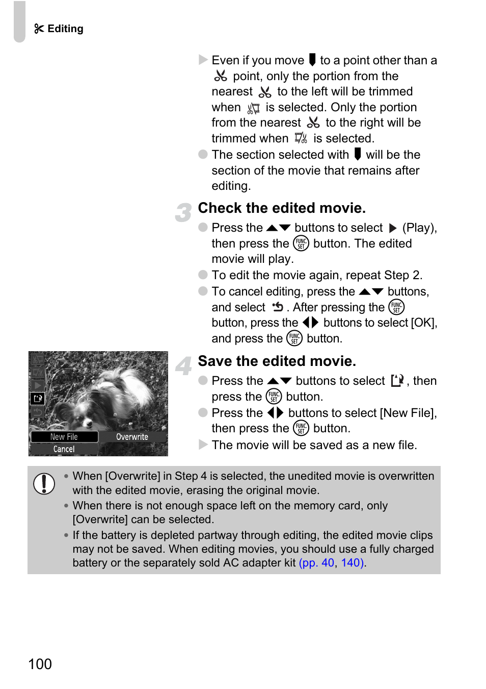 Check the edited movie, Save the edited movie | Canon D10 User Manual | Page 100 / 163