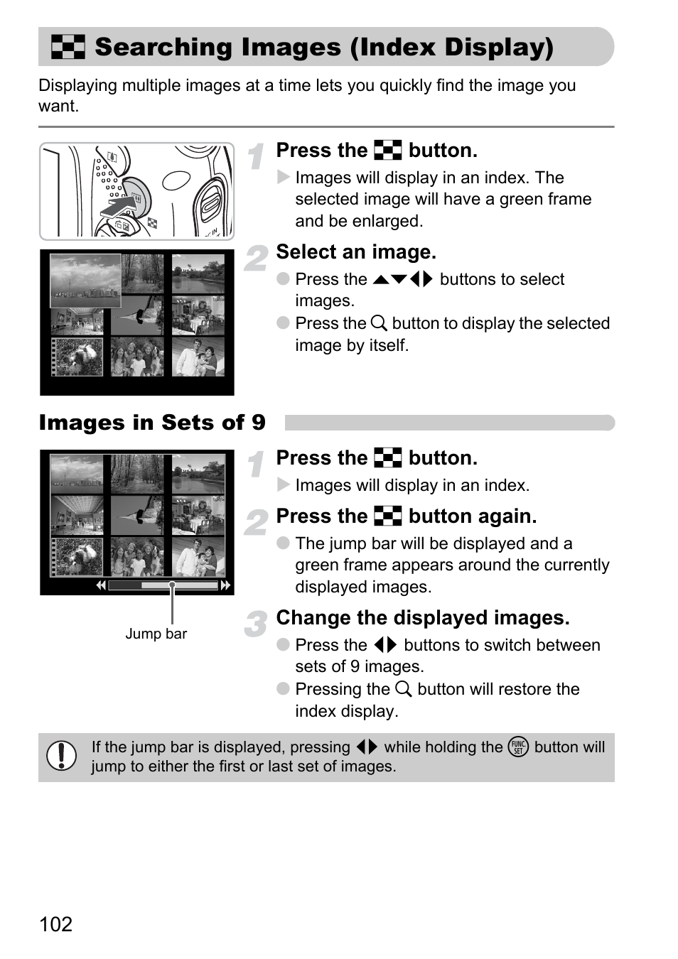 Searching images (index display), G searching images, Index display) | P. 102), G searching images (index display), Images in sets of 9 | Canon D10 User Manual | Page 102 / 163