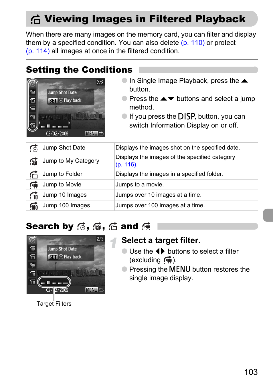 Viewing images in filtered playback, D viewing images in, Filtered playback | Jump), P. 103), D viewing images in filtered playback, Setting the conditions, Search by , , and, Select a target filter | Canon D10 User Manual | Page 103 / 163