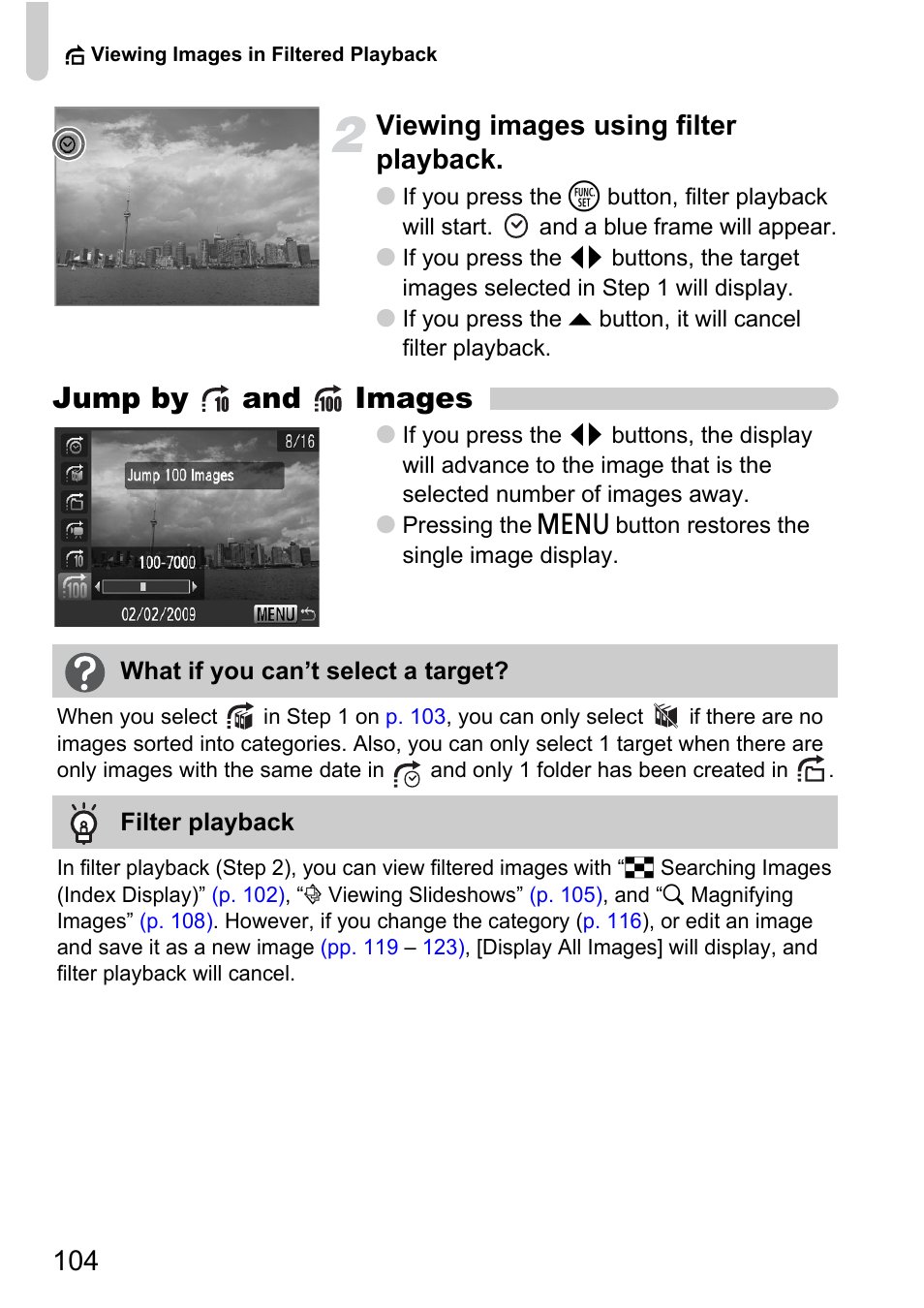 Jump by and images, 104 viewing images using filter playback | Canon D10 User Manual | Page 104 / 163