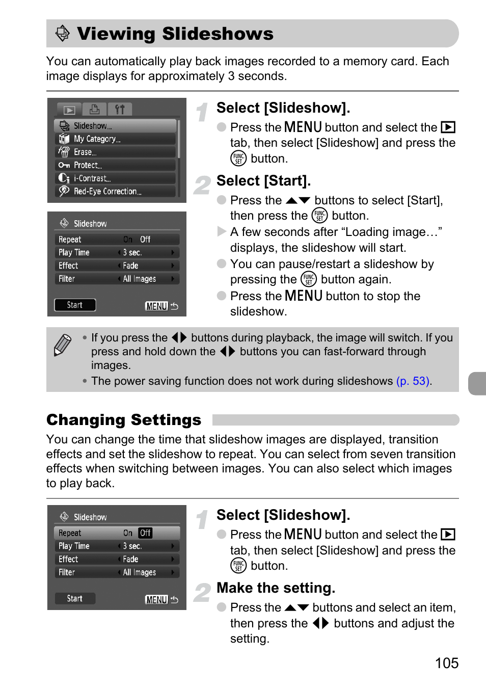 Viewing slideshows, P. 105), Hows | Changing settings, Select [slideshow, Select [start, Make the setting | Canon D10 User Manual | Page 105 / 163