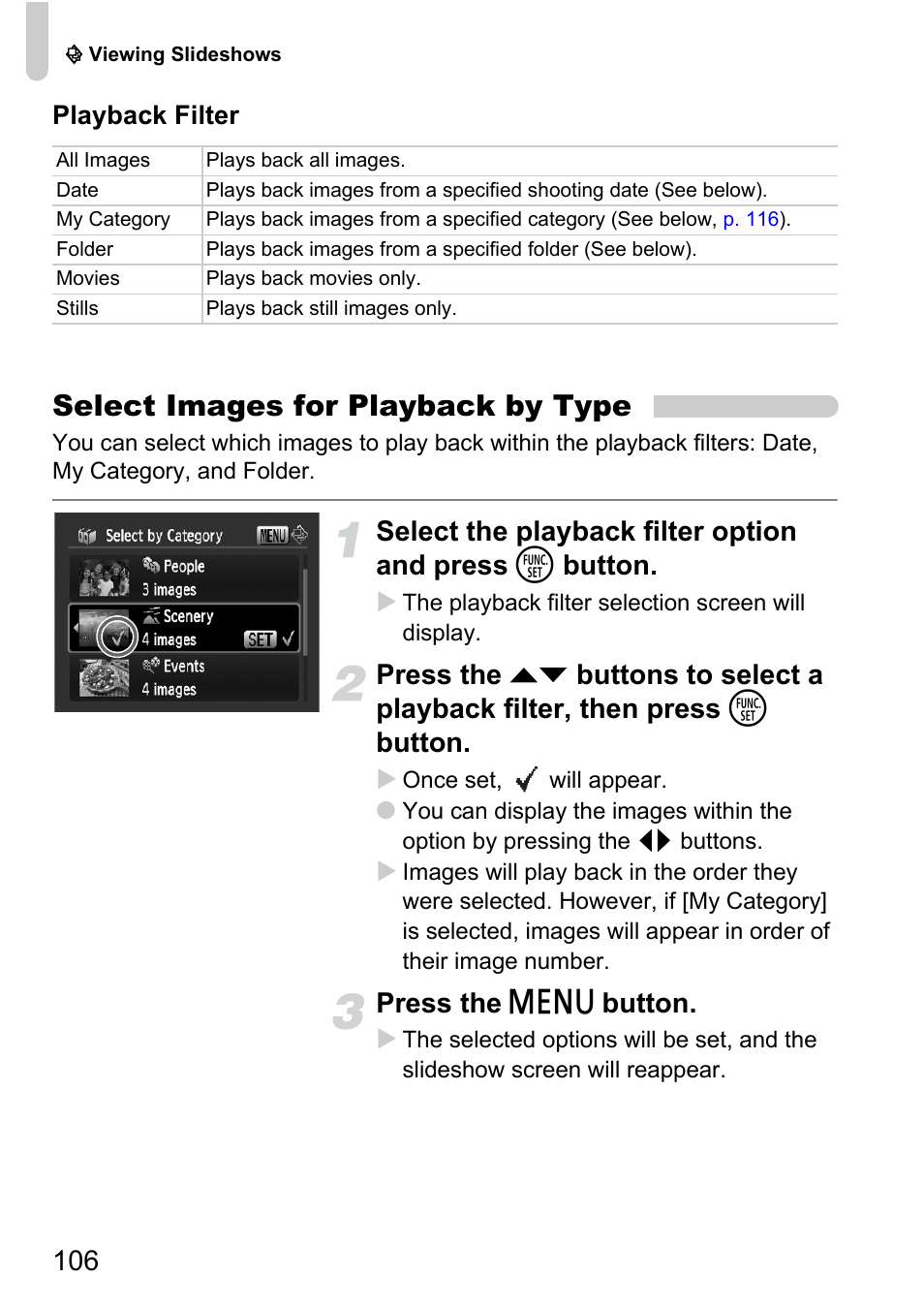 Select images for playback by type, Press the n button | Canon D10 User Manual | Page 106 / 163