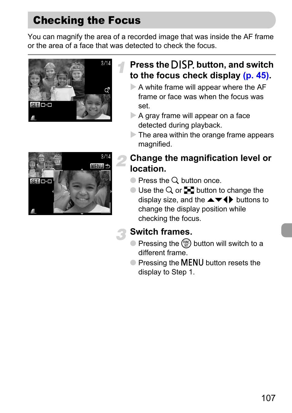 Checking the focus, P. 107) | Canon D10 User Manual | Page 107 / 163