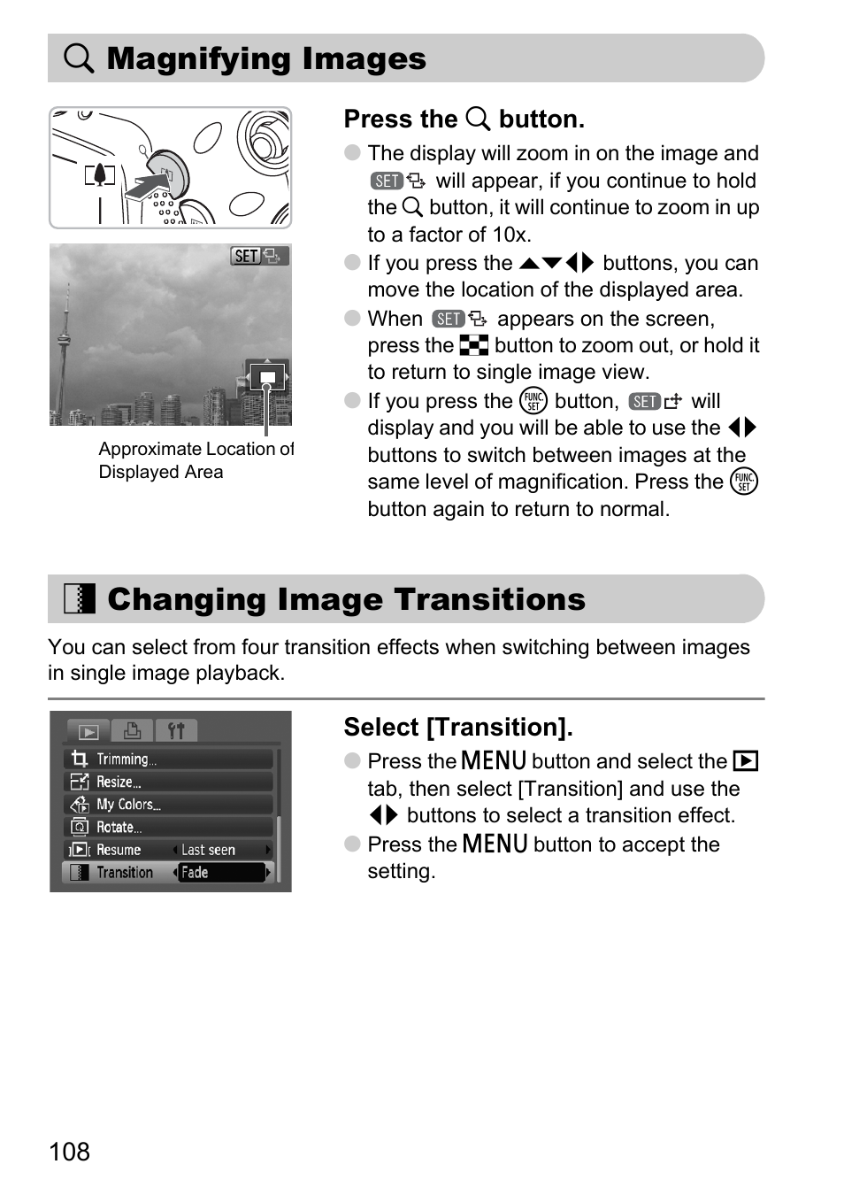 Magnifying images, Changing image transitions, K magnifying images + changing image transitions | Magnify), P. 108), K magnifying images, 108 press the k button, Select [transition | Canon D10 User Manual | Page 108 / 163