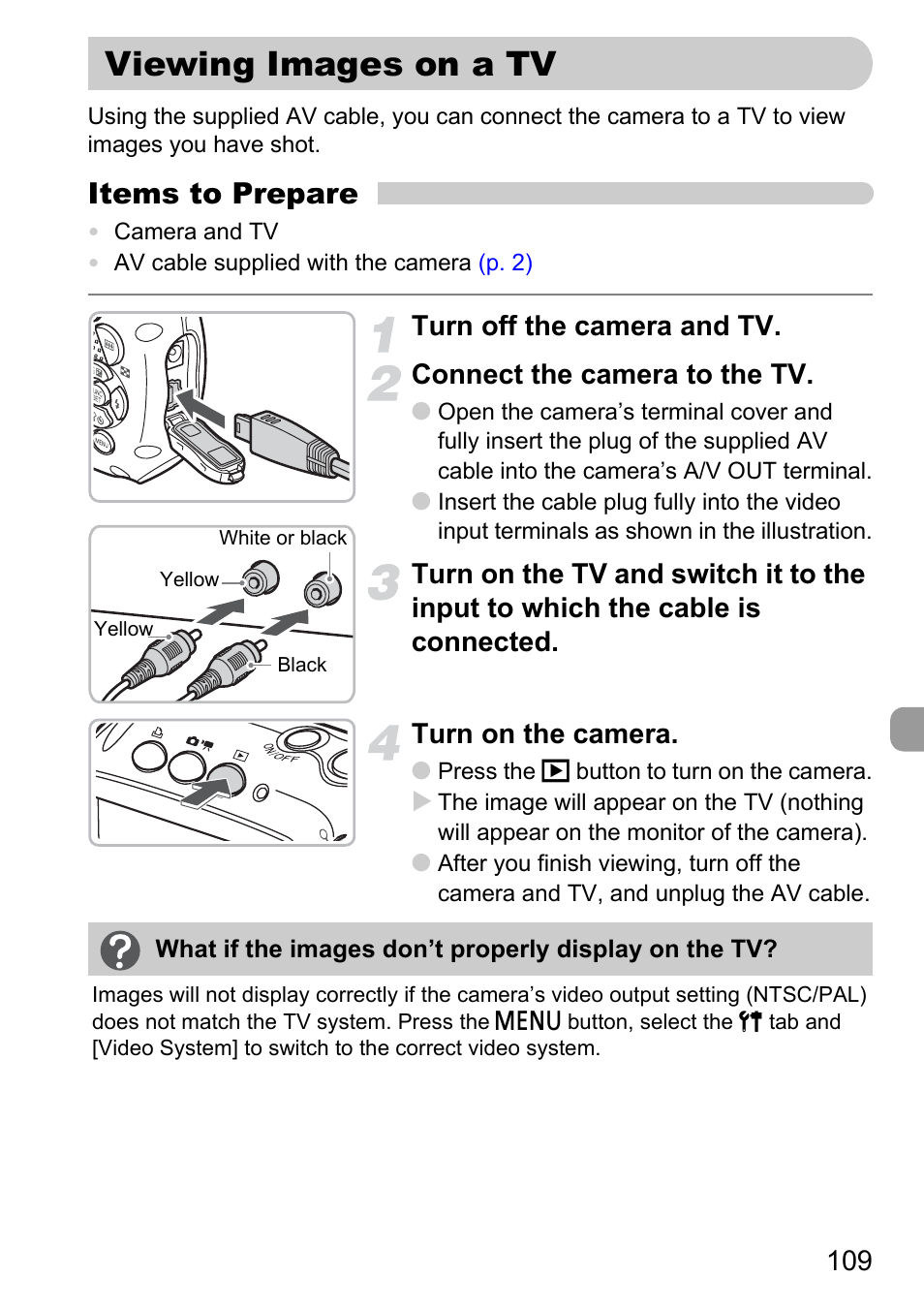Viewing images on a tv, P. 109), Items to prepare | Canon D10 User Manual | Page 109 / 163