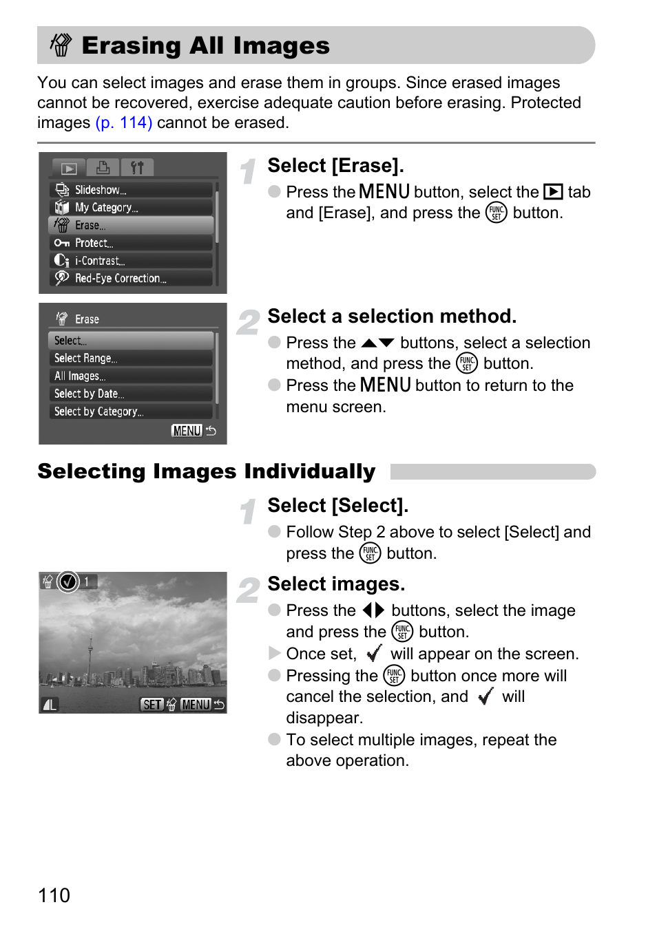 Erasing all images, P. 110), Selecting images individually | Select [erase, Select a selection method, Select [select, Select images | Canon D10 User Manual | Page 110 / 163