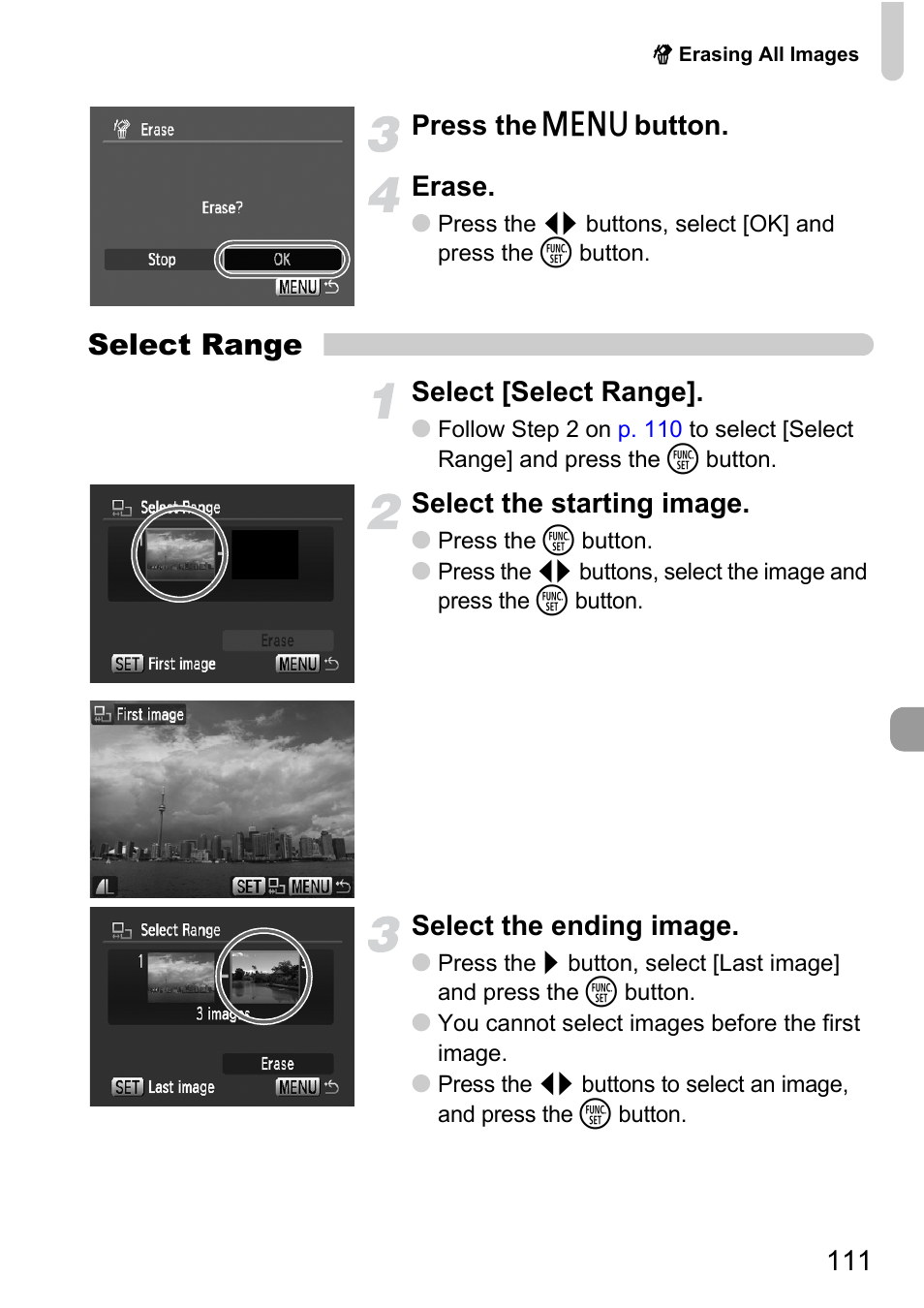 Select range, 111 press the, Button. erase | Select [select range, Select the starting image, Select the ending image | Canon D10 User Manual | Page 111 / 163