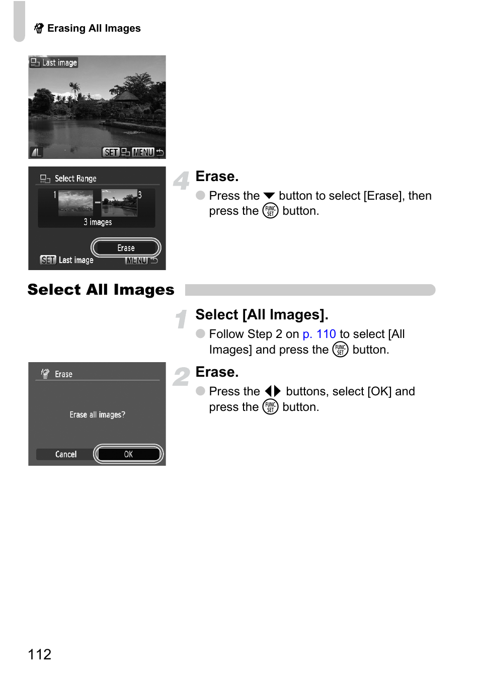 Select all images, 112 erase, Select [all images | Erase | Canon D10 User Manual | Page 112 / 163