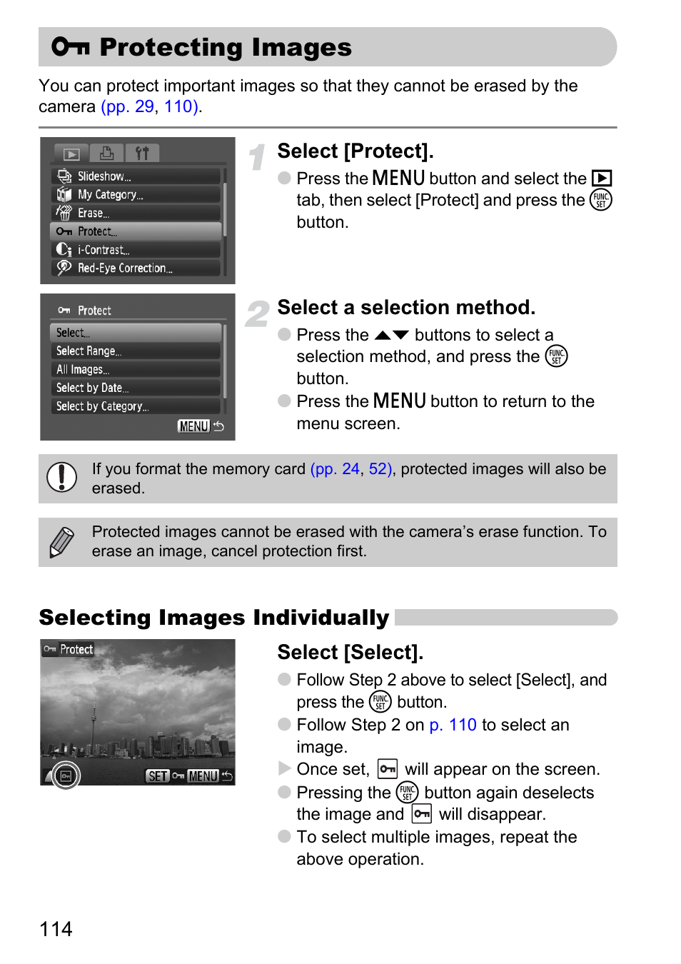 Protecting images, P. 114), Selecting images individually | Select [protect, Select a selection method, Select [select | Canon D10 User Manual | Page 114 / 163