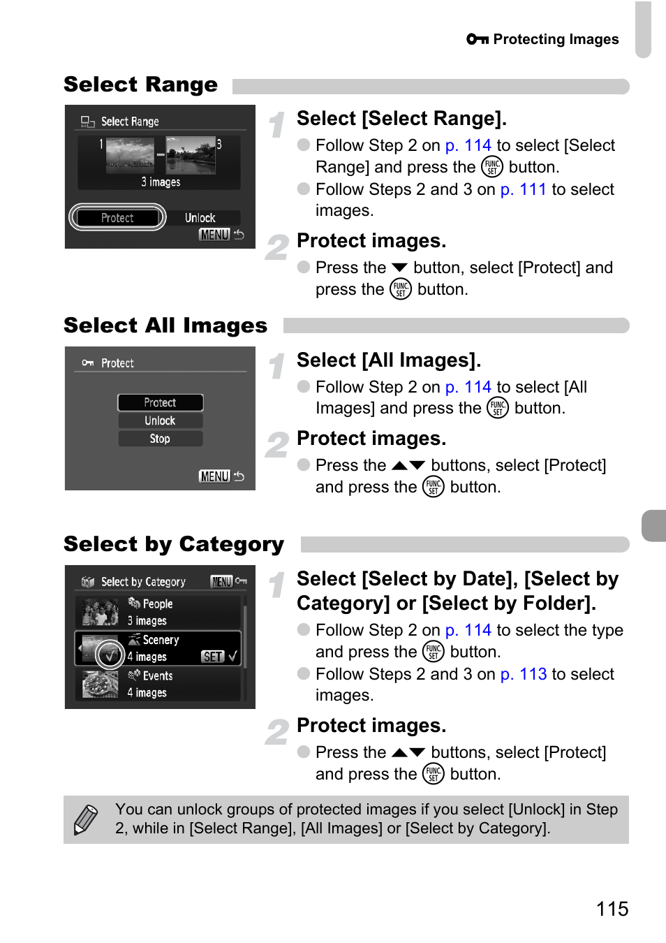 Select range, Select all images, Select by category | Select [select range, Protect images, Select [all images | Canon D10 User Manual | Page 115 / 163