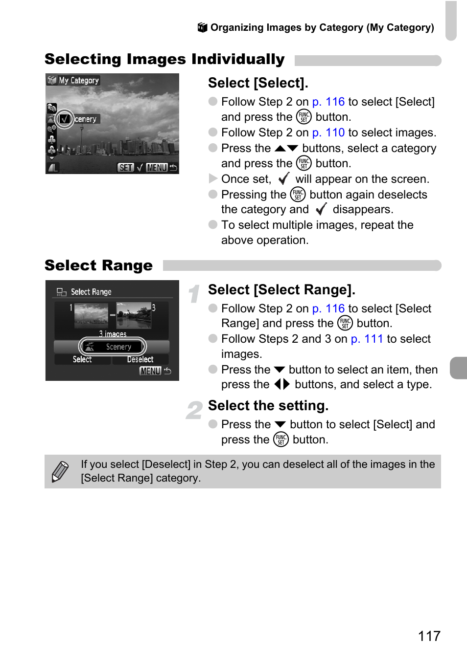 Selecting images individually, Select range, Select [select | Select [select range, Select the setting | Canon D10 User Manual | Page 117 / 163