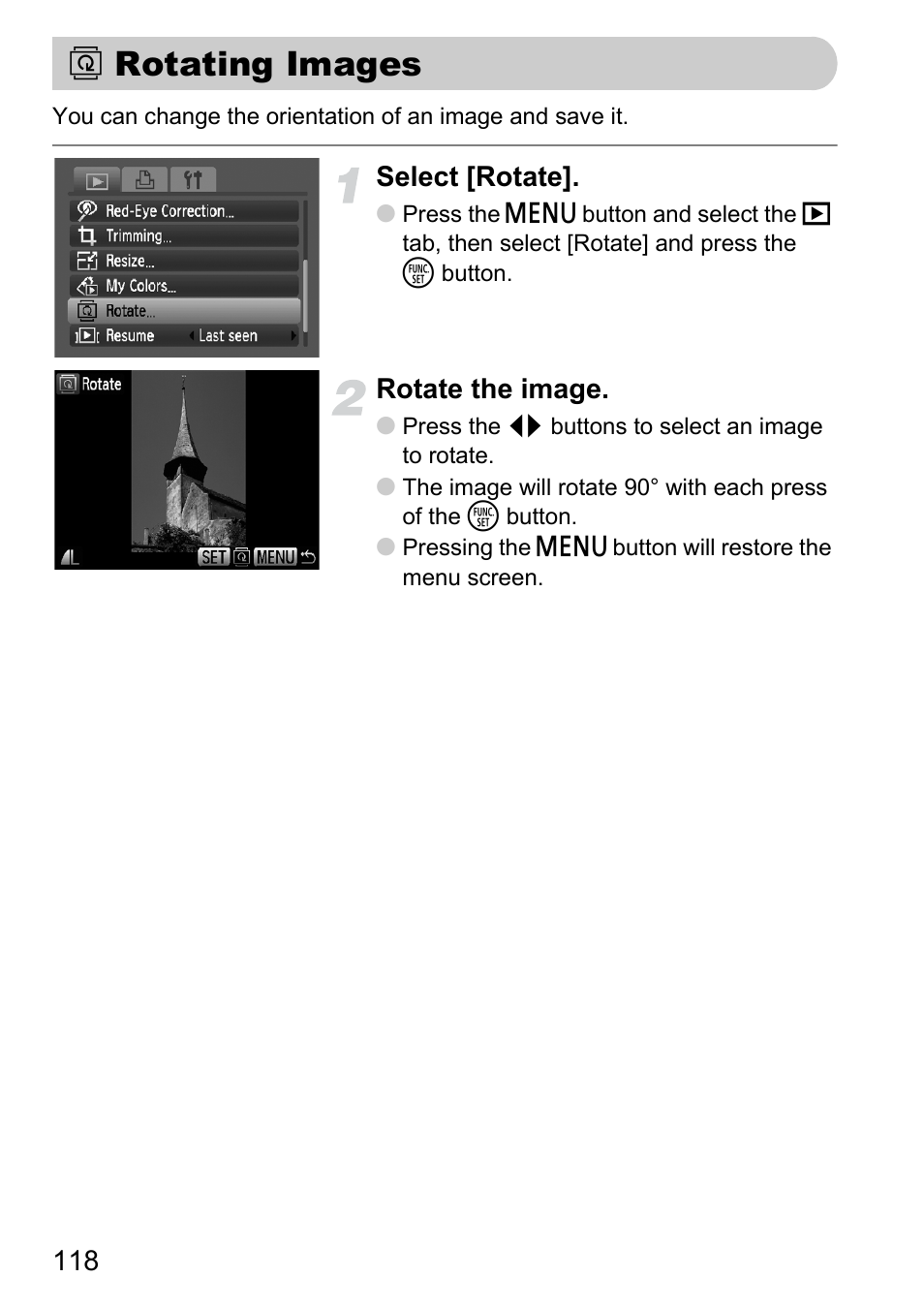 Rotating images, P. 118), Select [rotate | Rotate the image | Canon D10 User Manual | Page 118 / 163