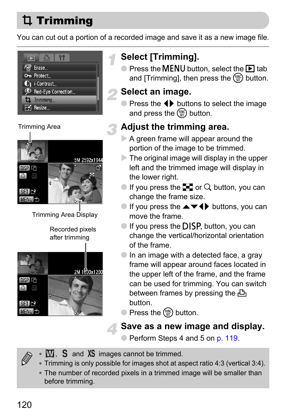 Trimming, Select [trimming, Select an image | Adjust the trimming area, Save as a new image and display | Canon D10 User Manual | Page 120 / 163