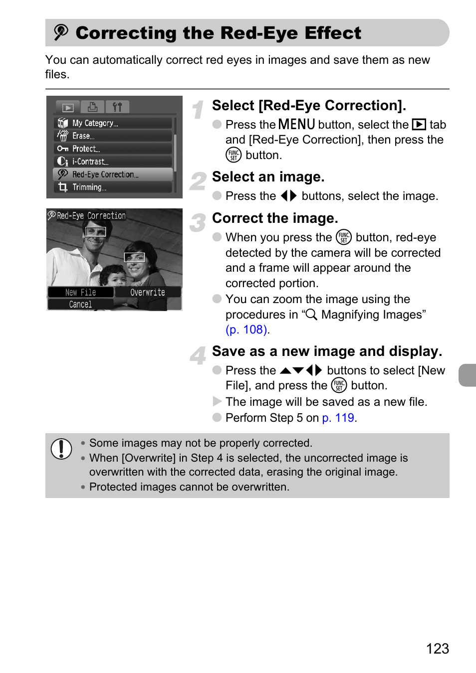 Correcting the red-eye effect, P. 123), Select [red-eye correction | Select an image, Correct the image, Save as a new image and display | Canon D10 User Manual | Page 123 / 163