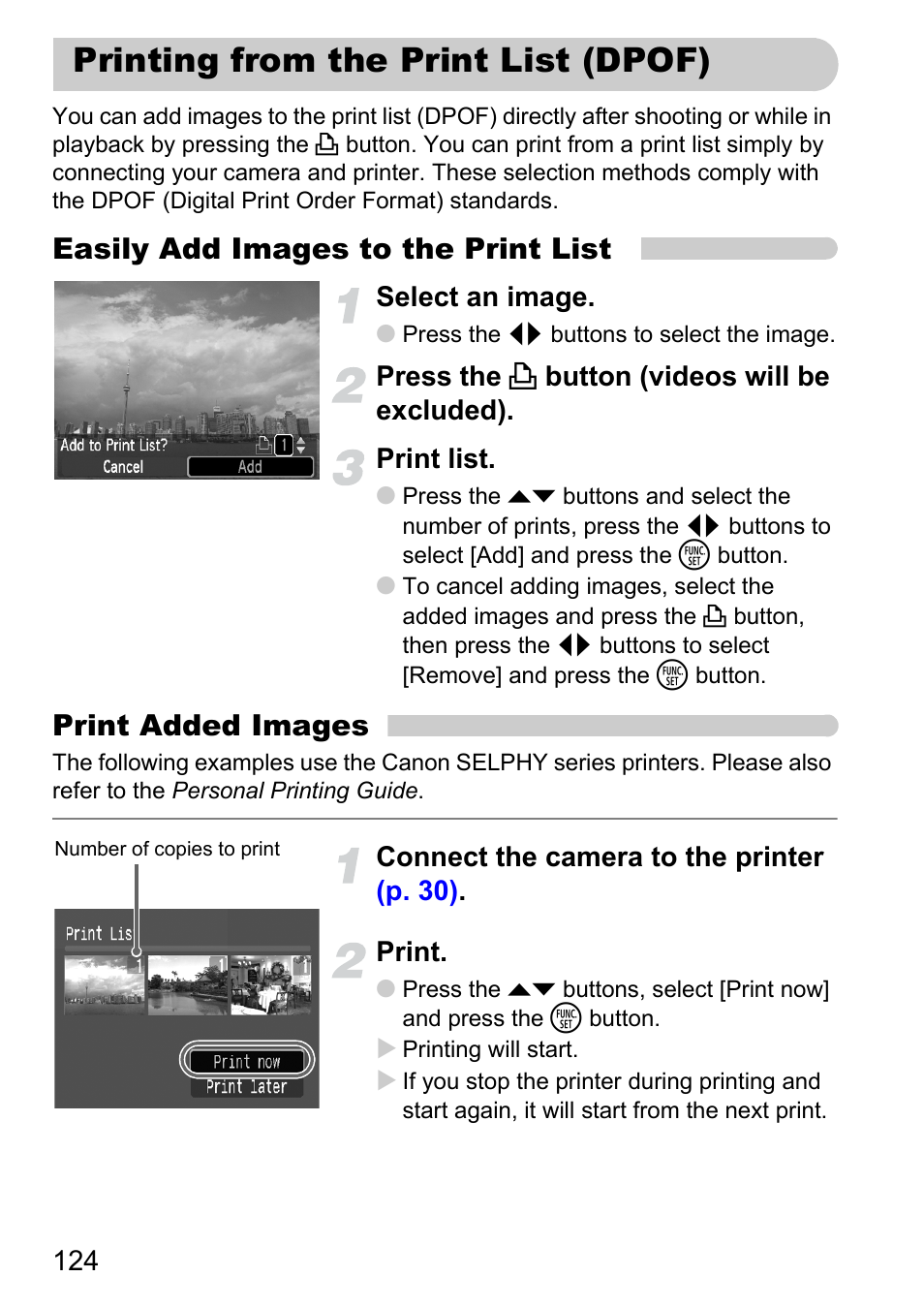 Printing from the print list (dpof), Printing from the print list, Dpof) | Print list, P. 124), Easily add images to the print list, Print added images | Canon D10 User Manual | Page 124 / 163