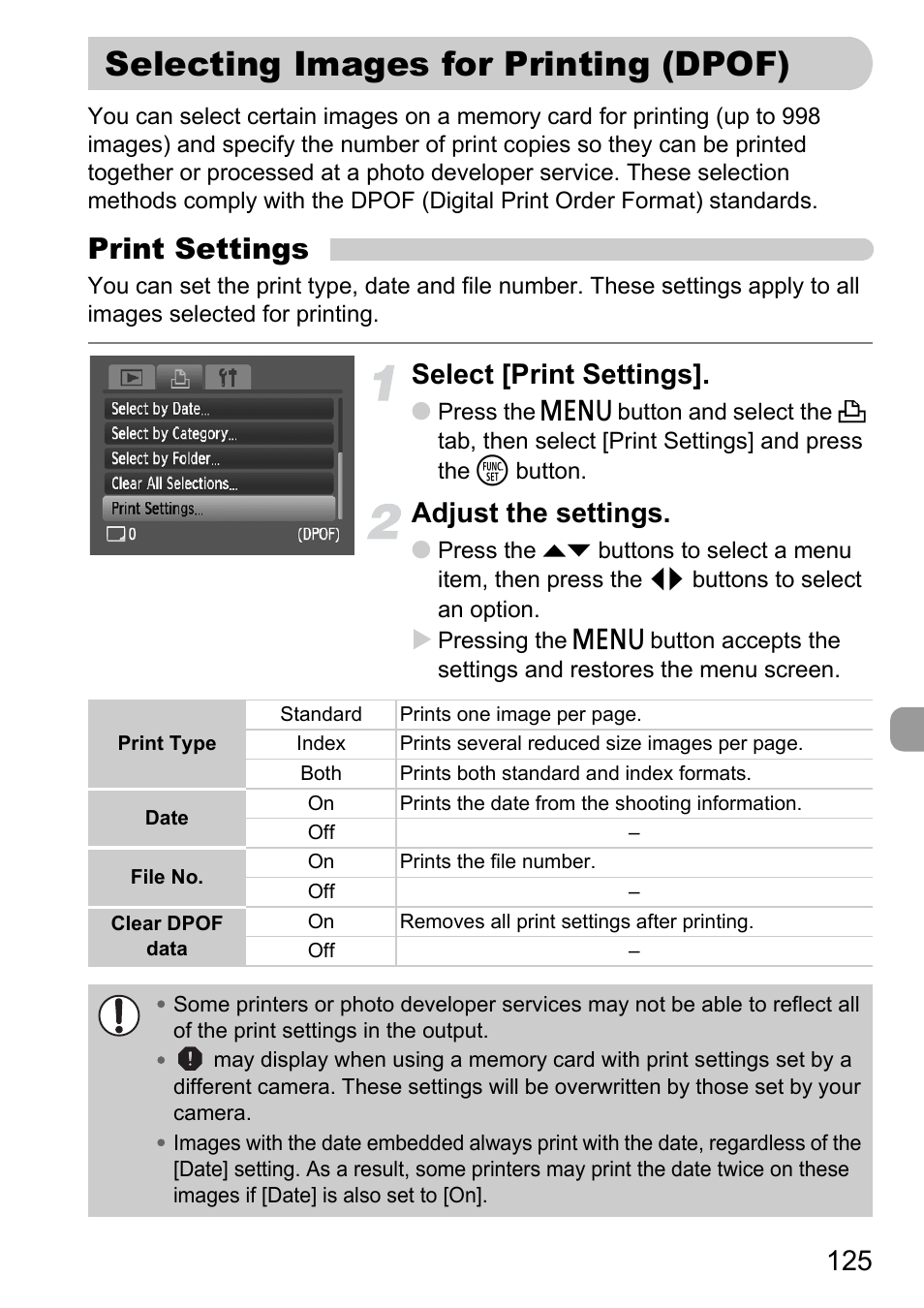 Selecting images for printing (dpof), Selecting images for printing, Dpof) | P. 125), Pof), Print settings, Select [print settings, Adjust the settings | Canon D10 User Manual | Page 125 / 163