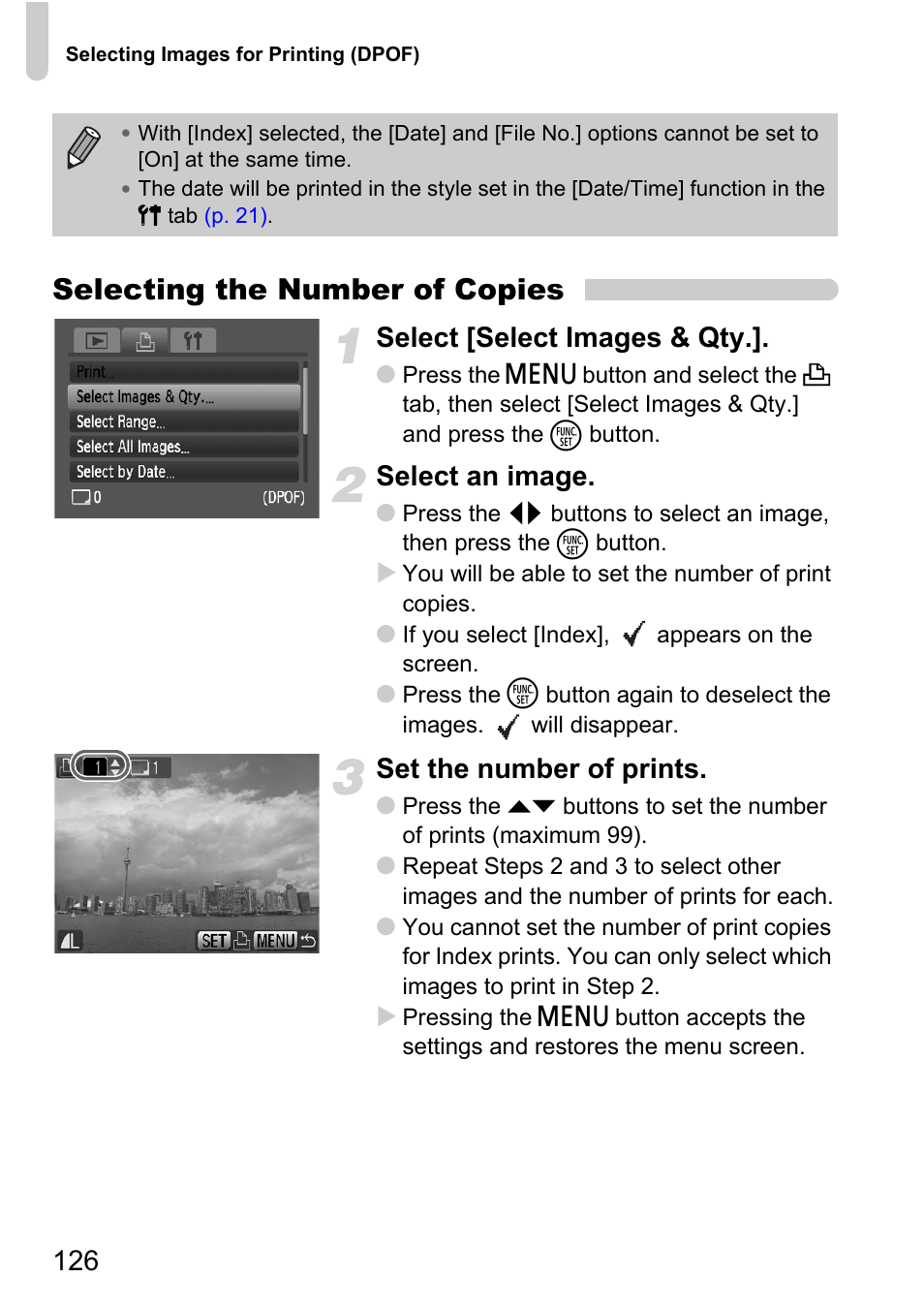 Selecting the number of copies, Select [select images & qty, Select an image | Set the number of prints | Canon D10 User Manual | Page 126 / 163