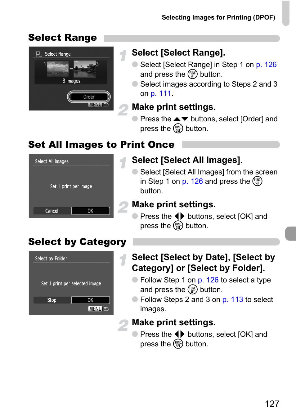 Select range, Set all images to print once, Select by category | Select [select range, Make print settings, Select [select all images | Canon D10 User Manual | Page 127 / 163