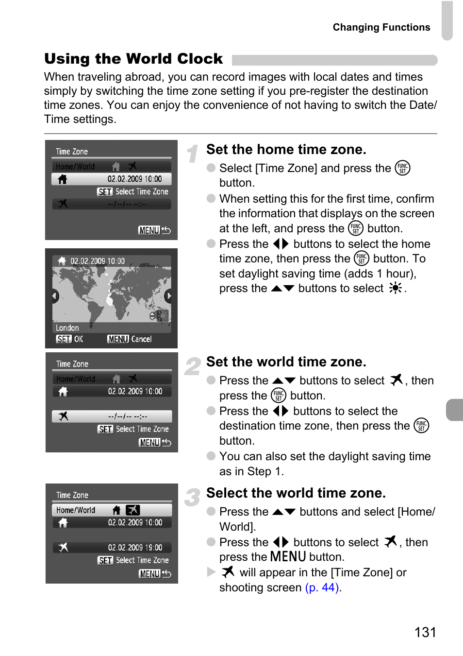 P. 131), Using the world clock, Set the home time zone | Set the world time zone, Select the world time zone | Canon D10 User Manual | Page 131 / 163