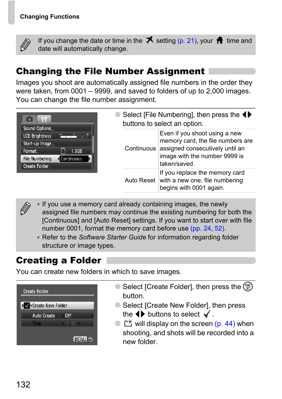 Te folder, P. 132), Number | Changing the file number assignment, Creating a folder | Canon D10 User Manual | Page 132 / 163