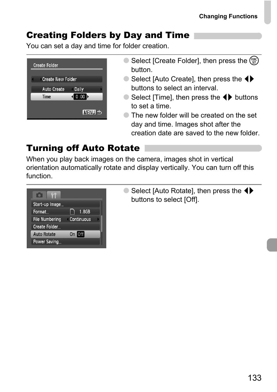 Creating folders by day and time, Turning off auto rotate | Canon D10 User Manual | Page 133 / 163