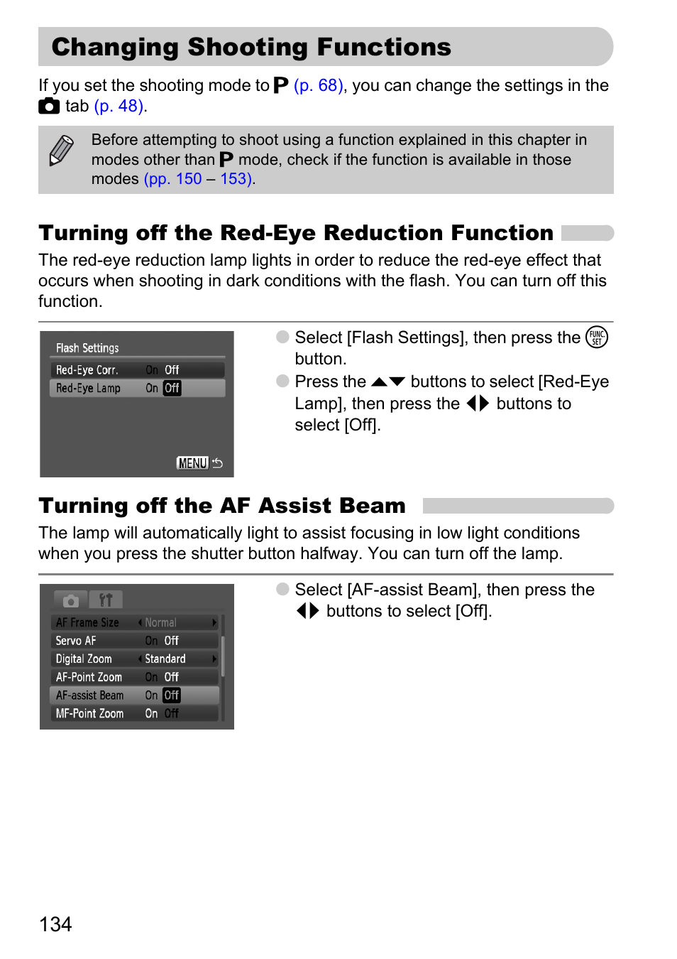 Changing shooting functions, P. 134), Turning off the red-eye reduction function | Turning off the af assist beam | Canon D10 User Manual | Page 134 / 163