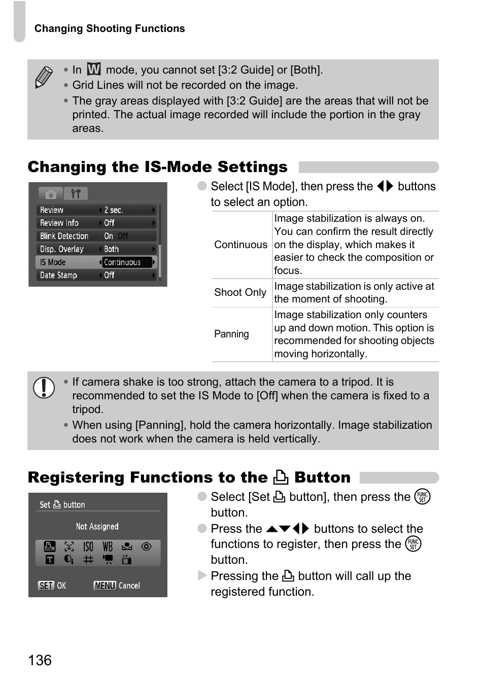 Ge stabilizer, P. 136), Ipod | Changing the is-mode settings, Registering functions to the c button | Canon D10 User Manual | Page 136 / 163