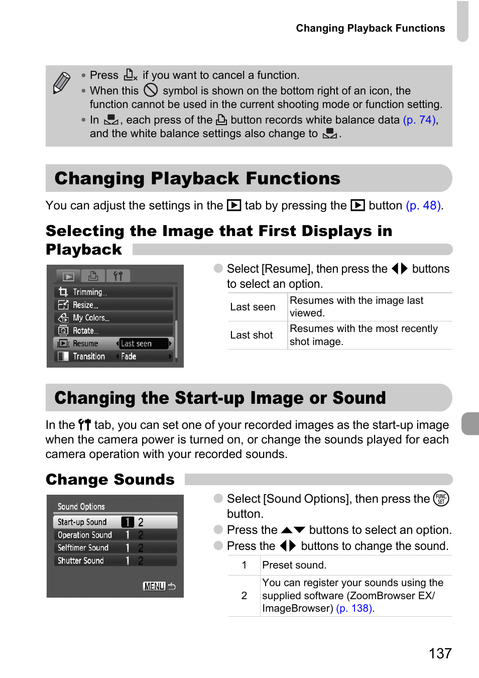 Changing playback functions, Changing the start-up image or sound, Or sound | P. 137), Change sounds | Canon D10 User Manual | Page 137 / 163