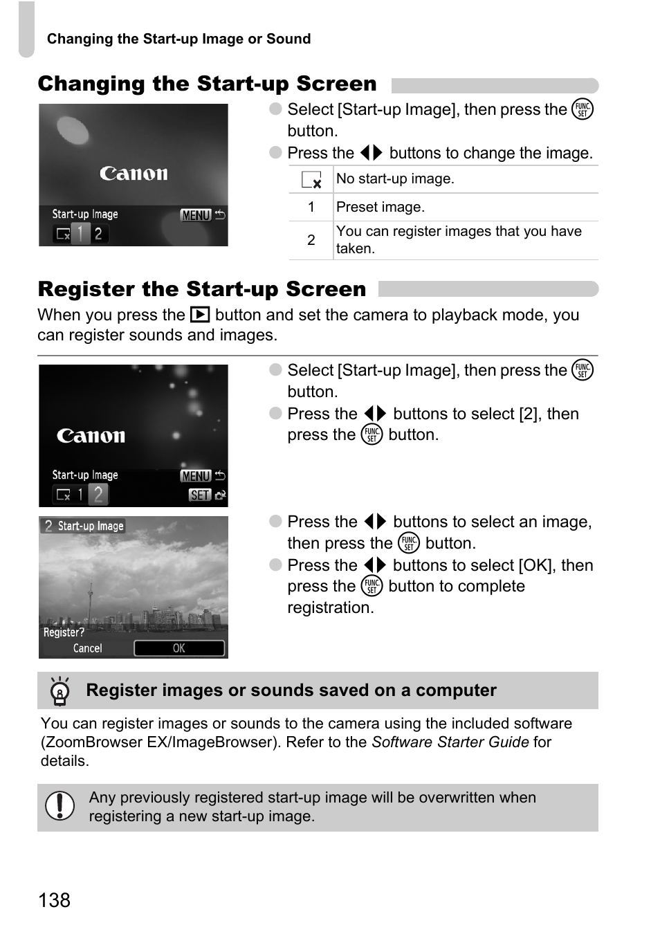 P. 138), Changing the start-up screen, Register the start-up screen | Canon D10 User Manual | Page 138 / 163