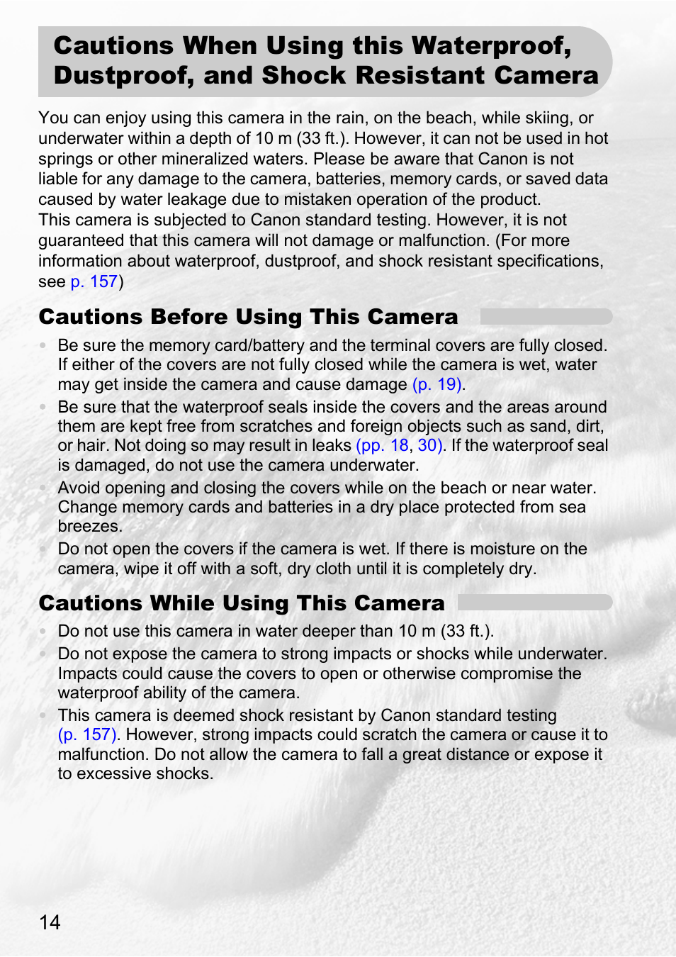 Pp. 14, Cautions before using this camera, Cautions while using this camera | Canon D10 User Manual | Page 14 / 163
